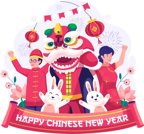 Les Asiatiques célèbrent la nouvelle année avec une danse du lion  Illustration