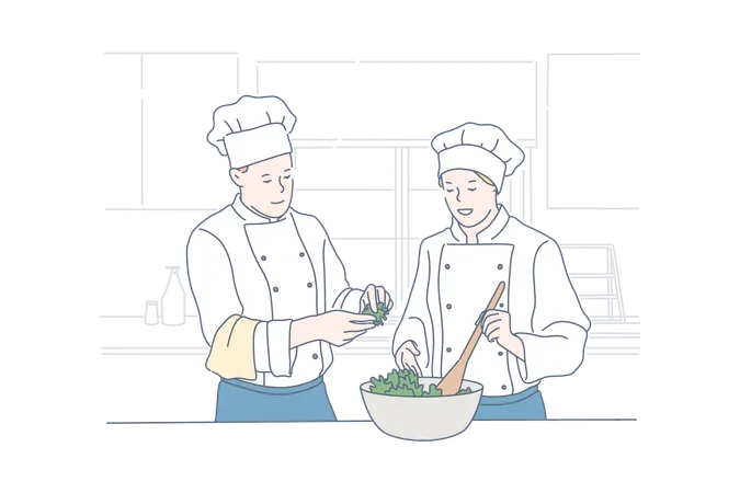 Les chefs préparent la nourriture  Illustration