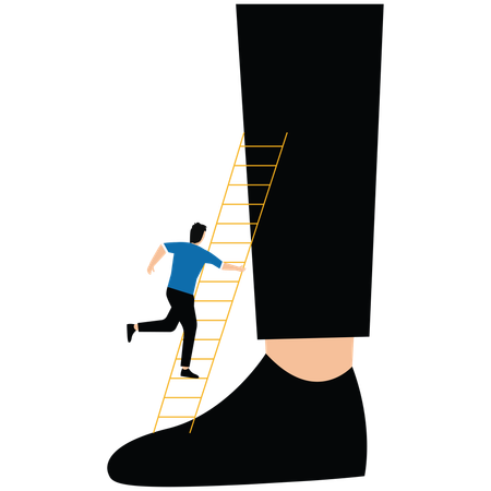 Les commerçants grimpent les échelles du bas des pieds du géant jusqu'au sommet  Illustration