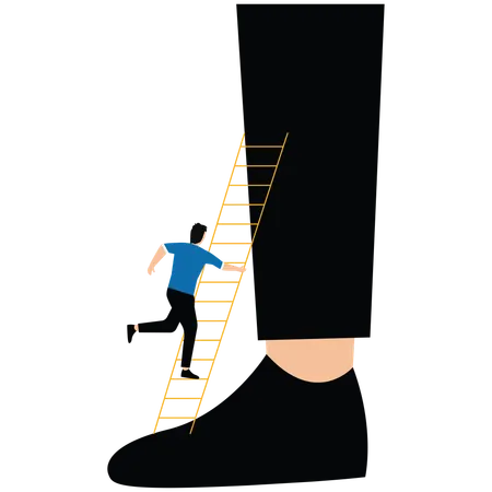 Les commerçants grimpent les échelles du bas des pieds du géant jusqu'au sommet  Illustration