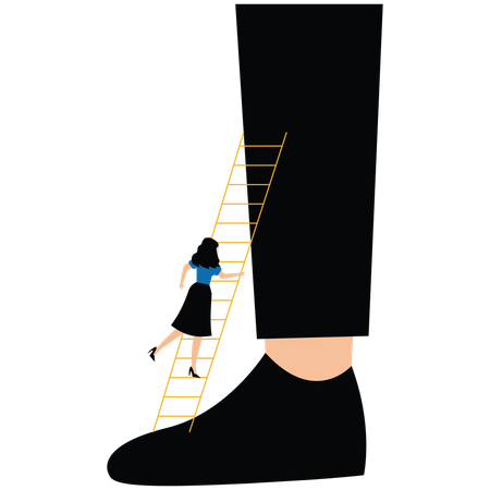 Les commerçants grimpent les échelles du bas des pieds du géant jusqu'au sommet  Illustration
