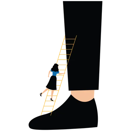 Les commerçants grimpent les échelles du bas des pieds du géant jusqu'au sommet  Illustration