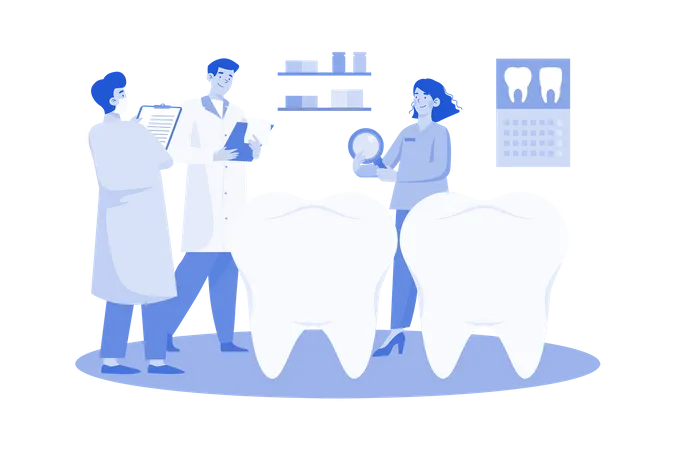 Les dentistes discutent des techniques dentaires à la clinique  Illustration
