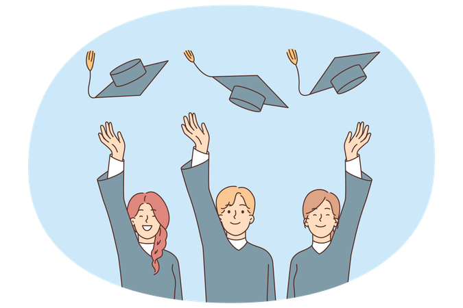 Les diplômés lancent leurs chapeaux après avoir obtenu leur diplôme universitaire et célèbrent l'obtention d'une profession très demandée  Illustration