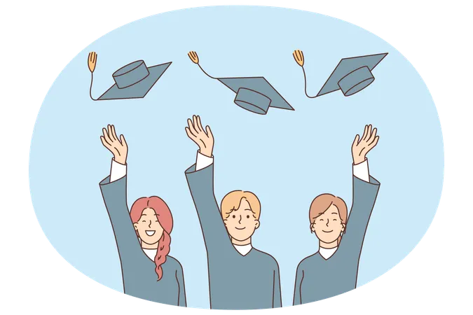 Les diplômés lancent leurs chapeaux après avoir obtenu leur diplôme universitaire et célèbrent l'obtention d'une profession très demandée  Illustration