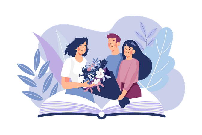 Les élèves offrent des bouquets de fleurs au professeur  Illustration