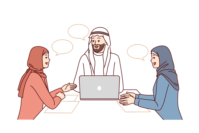 Les employés assistent à une réunion avec un homme arabe  Illustration