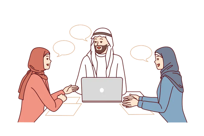 Les employés assistent à une réunion avec un homme arabe  Illustration