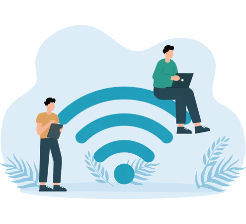 Les employés connectent leur ordinateur portable au signal Wi-Fi  Illustration