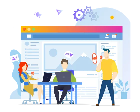 Les employés créent de la publicité pour augmenter le nombre d'abonnés sur leur compte de réseau social et promouvoir le profil client.  Illustration