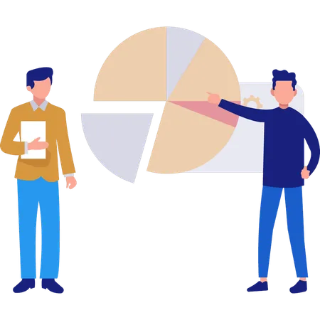 Les employés discutent du diagramme circulaire d'affaires  Illustration