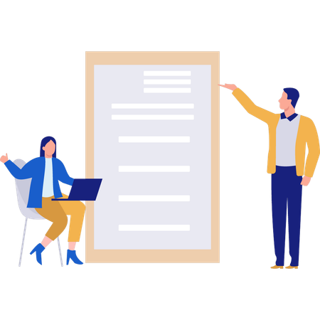 Les employés discutent du document en ligne  Illustration