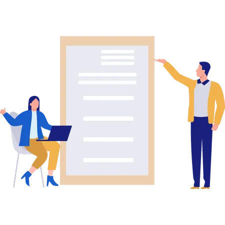 Les employés discutent du document en ligne  Illustration