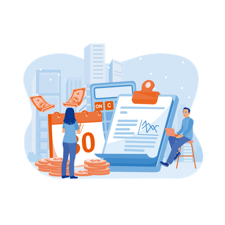 Les employés travaillent sur la gestion des documents de paie  Illustration