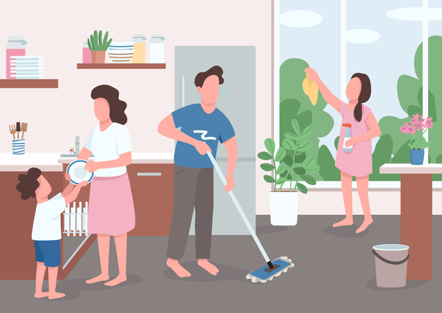 Les enfants aident les parents dans les tâches ménagères  Illustration