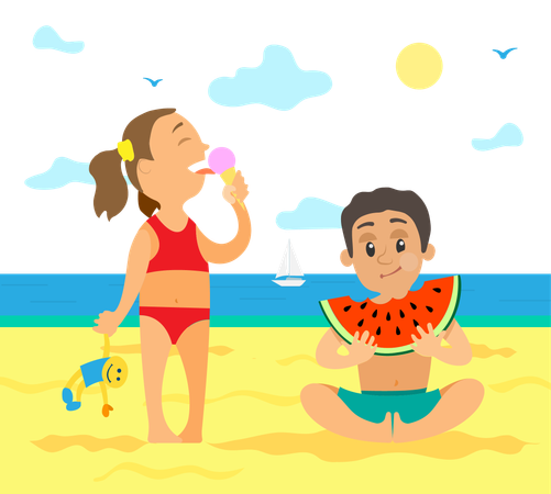 Les enfants s'amusent à la plage  Illustration