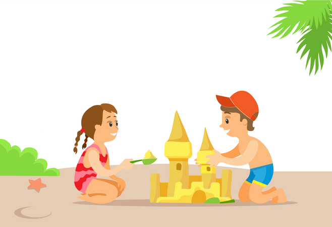 Les enfants construisent un château sur la plage  Illustration