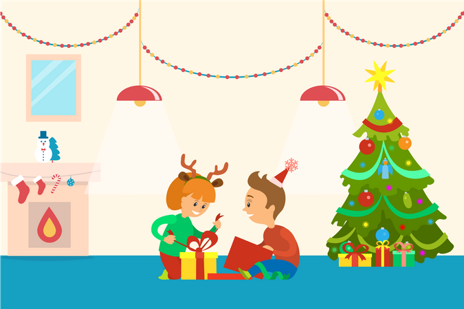 Les enfants décorent le sapin de Noël et ouvrent leurs cadeaux  Illustration