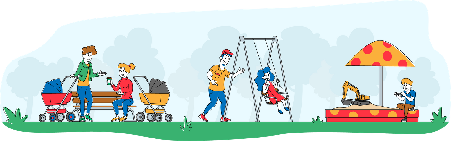 Les enfants et les parents s'amusent sur une aire de jeux extérieure  Illustration