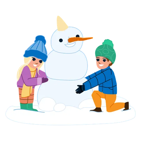 Les enfants font un bonhomme de neige  Illustration