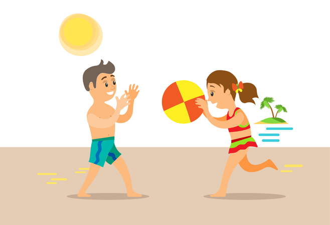 Les enfants jouent au ballon à la plage  Illustration