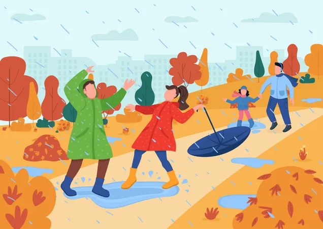 Les enfants jouent sous la pluie  Illustration