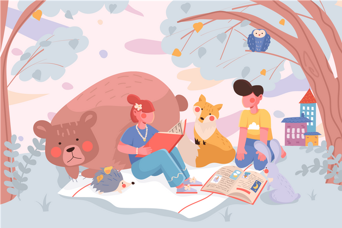 Les enfants lisent des livres ou apprennent des manuels avec des animaux mignons dans le parc  Illustration