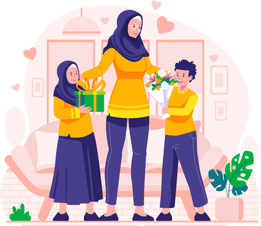 Les enfants offrent des cadeaux et des fleurs à leur mère pour la fête des mères  Illustration