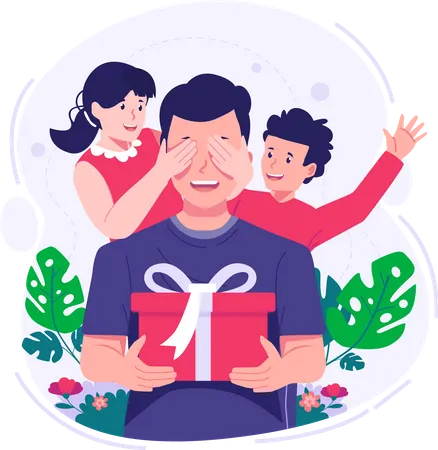 Les enfants offrent un cadeau à leur père pour la fête des pères  Illustration