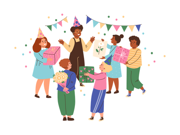 Les enfants offrent une surprise d'anniversaire au garçon qui fête son anniversaire  Illustration