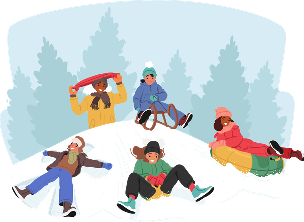 Les enfants ont joyeusement dévalé les collines enneigées  Illustration