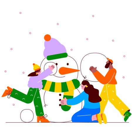 Les enfants se battent dans la neige et font un bonhomme de neige  Illustration