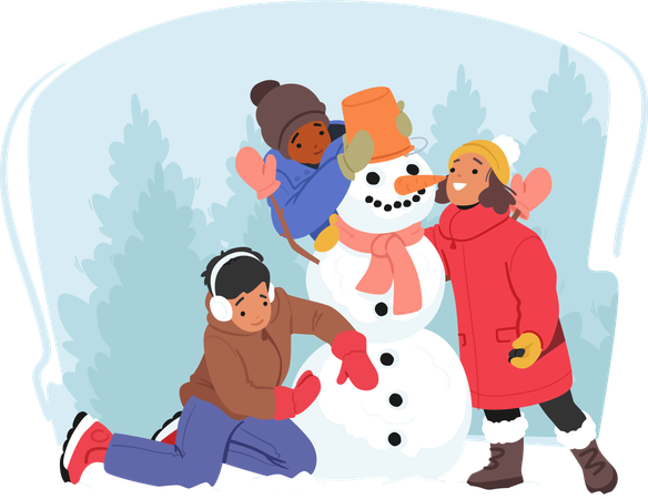 Les enfants ramassent joyeusement la neige  Illustration