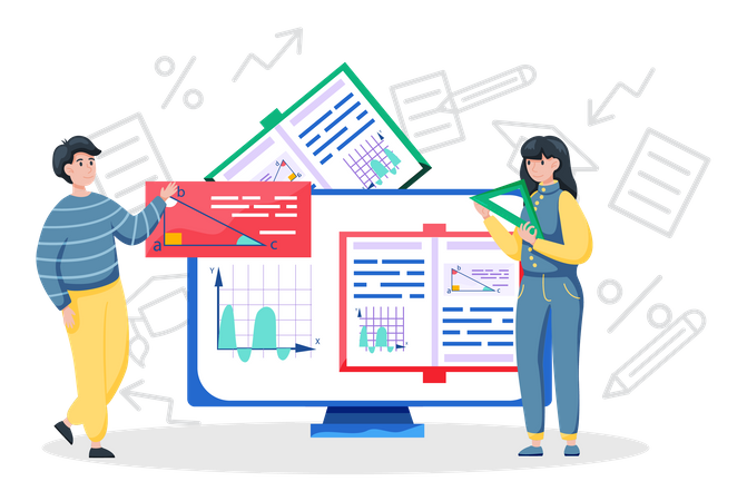 Les élèves apprennent les mathématiques sur une plateforme d'apprentissage  Illustration