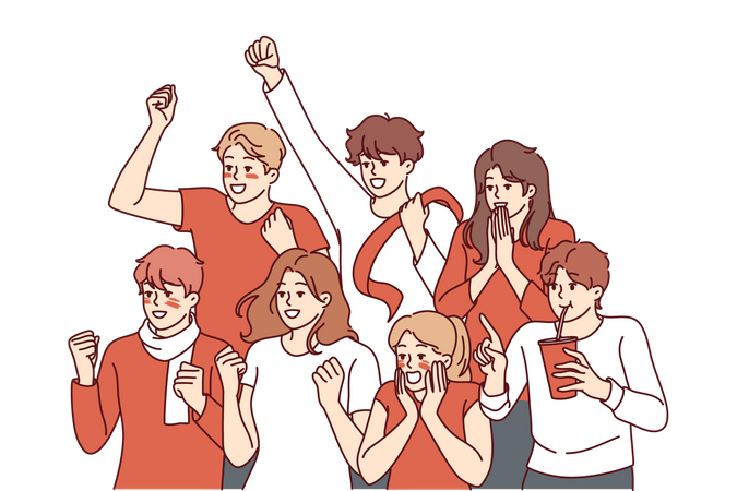 Les fans de baseball, hommes et femmes, crient et agitent la main pour soutenir les athlètes de leur équipe favorite  Illustration
