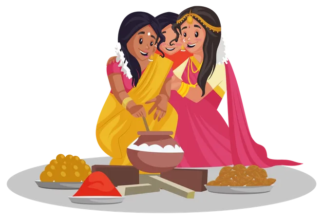 Les femmes tamoules sont assises ensemble et préparent de la nourriture  Illustration