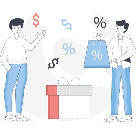 Les garçons discutent des achats à prix réduits  Illustration