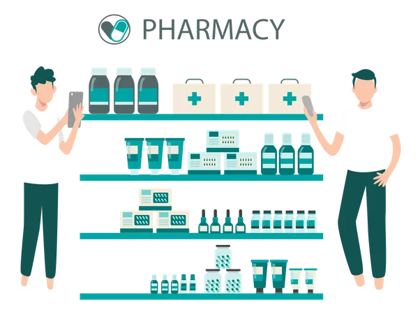 Les garçons sont debout dans la pharmacie  Illustration