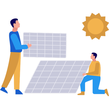 Les garçons travaillent sur des plaques de panneaux solaires  Illustration