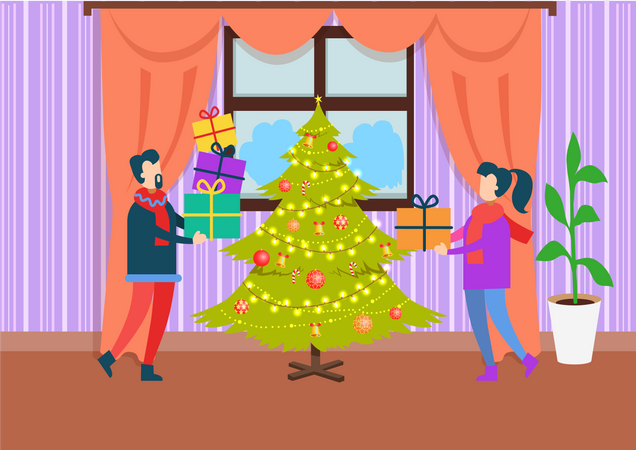 Les gens à Noël à la maison  Illustration