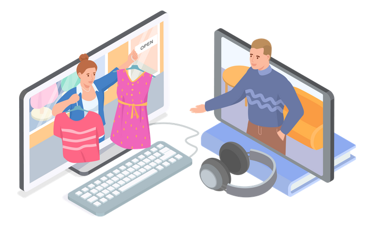 Les gens achètent auprès d’un vendeur en ligne  Illustration