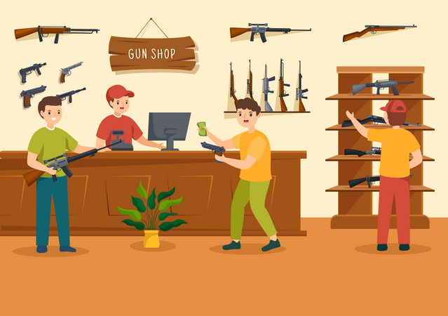 Les gens achètent une arme à feu pour chasser dans un magasin d'armes  Illustration