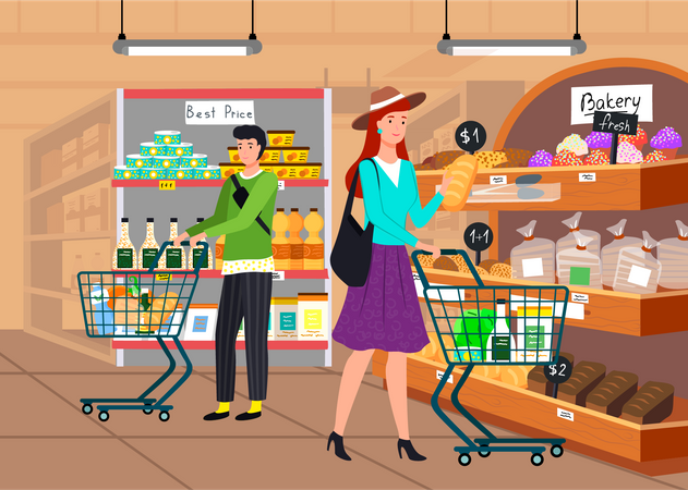 Les gens achètent des produits d’épicerie à l’épicerie  Illustration