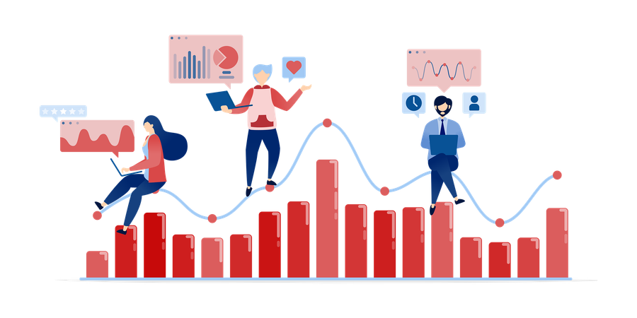 Les gens analysent les réalisations financières et les performances de l'entreprise en travaillant avec des graphiques linéaires et à barres  Illustration