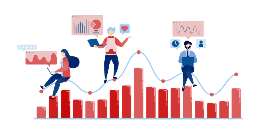 Les gens analysent les réalisations financières et les performances de l'entreprise en travaillant avec des graphiques linéaires et à barres  Illustration