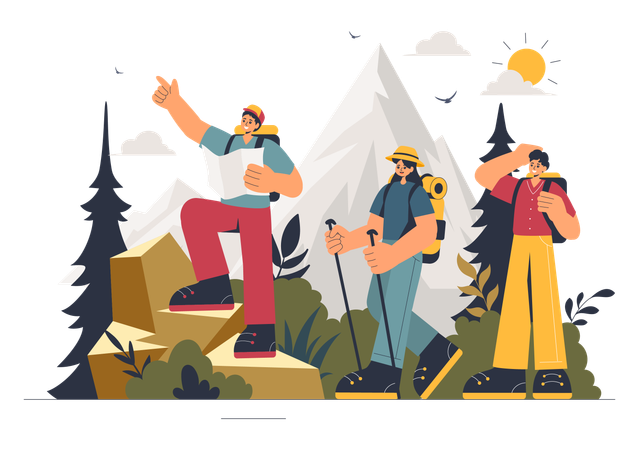 Les gens apprécient la randonnée en montagne  Illustration