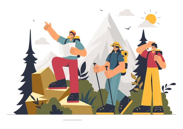 Les gens apprécient la randonnée en montagne  Illustration