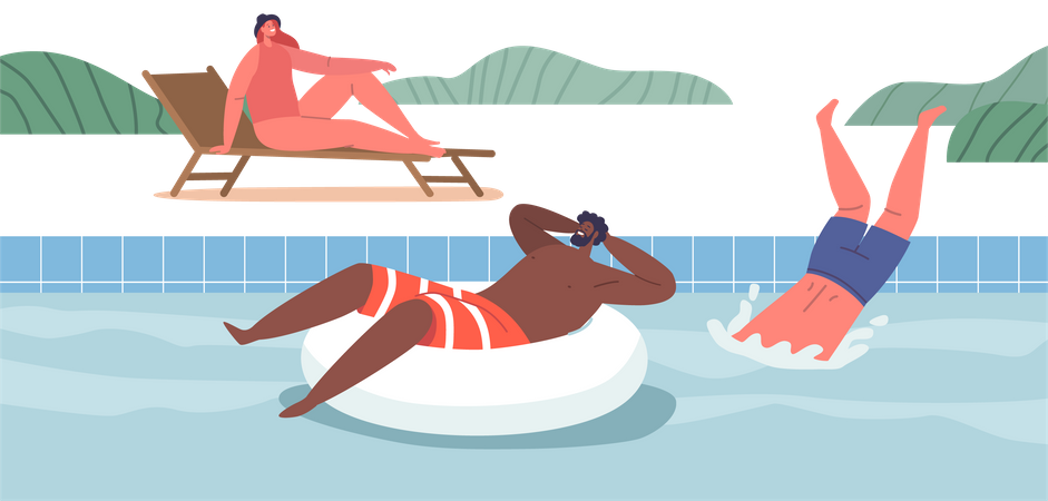 Les gens aiment nager et se détendre dans la piscine  Illustration