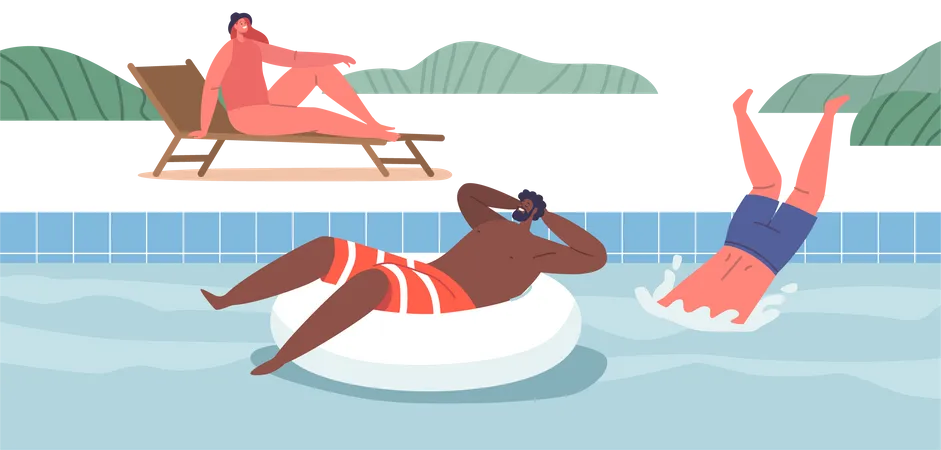 Les gens aiment nager et se détendre dans la piscine  Illustration