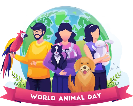 Des gens avec leurs animaux de compagnie célèbrent la Journée mondiale des animaux  Illustration